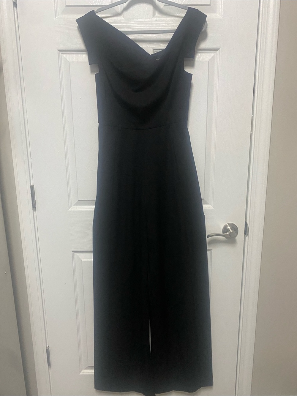 Black Halo | size 6 | Classic Black Asymmetrical neckline Jumpsuit w/wide leg